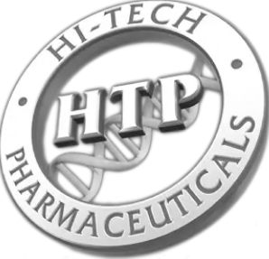 Alt text: Hi-Tech Pharmaceuticals logo in black and white featuring DNA helix and company name in a circular design.