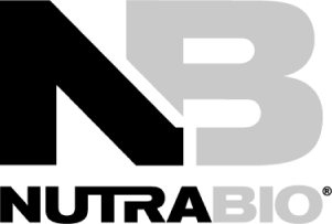 NutraBio black and gray company logo with large bold initials NB on white background.